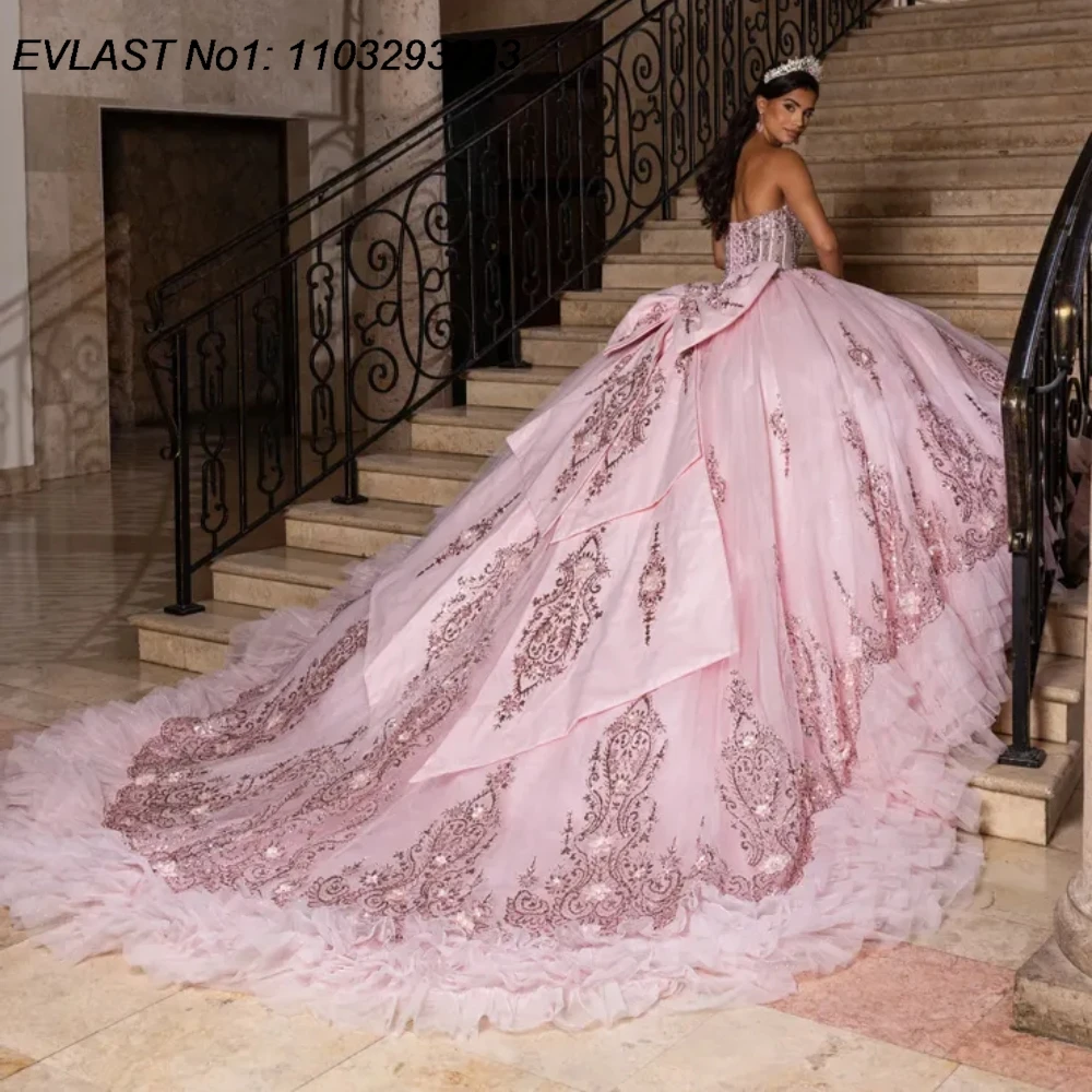 EVLAST 맞춤형 글리터 핑크 퀸세아네라 드레스 볼 가운 플로럴 아플리케 비딩 러플스 스위트 16 베스티도스 데 15 아뇨스 E1QN759