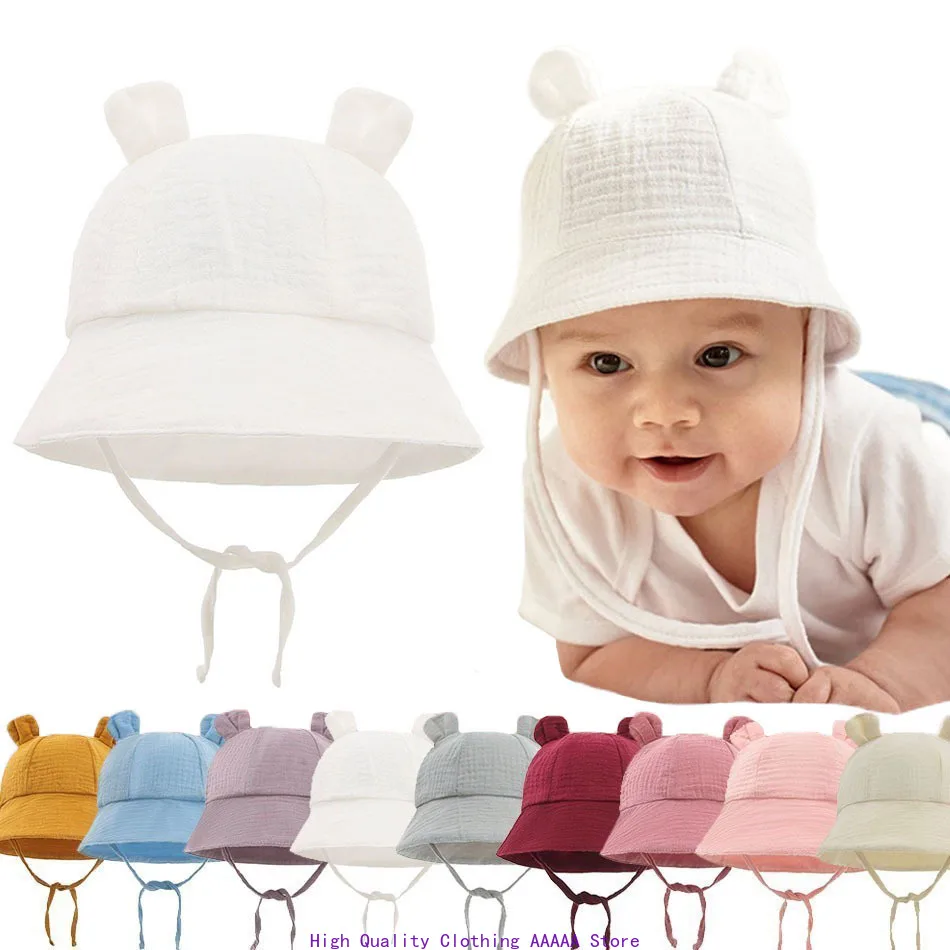 

Newborn Baby Hat Infant Muslin Bucket Hat Kids Bear Ears Summer Beach Sun Caps Boys Girls Easter Hats For Toddlers 3-12 Months