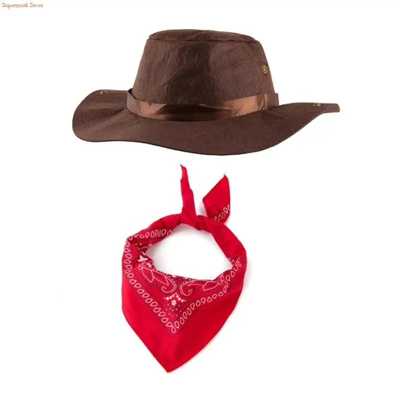 Q5WE 2Pcs Cowboy Hats Bandanna Set Western Cowboy Costume for Halloween Party Dressing Up Pretend Play Western Outfits Kids