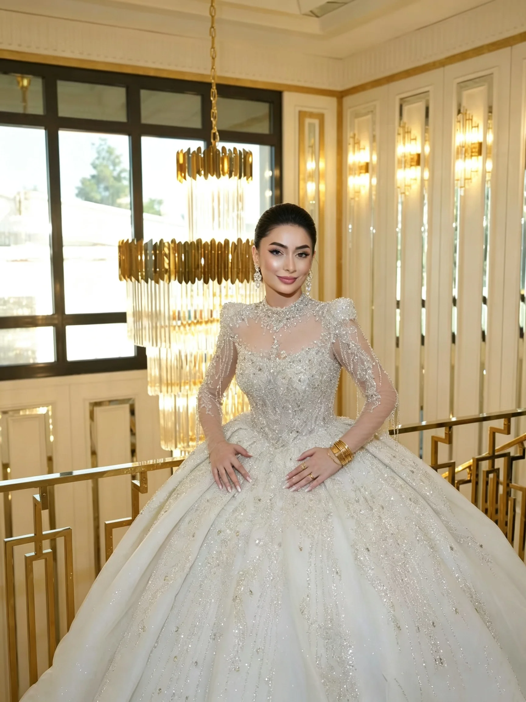 Luxury Long Sleeve Beaded Wedding Dress High Neck Princess Ball Gown Crystal Bridal Gown Royal Style Custom Made Wedding Dress