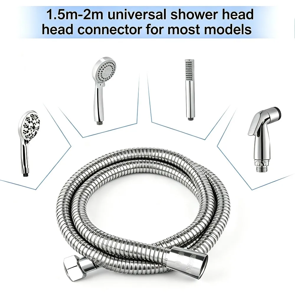 1.5m-2m Thickened High-Pressure Shower Spray Hose Silver Black Bathroom Faucet Shower Connection Pipe Explosion-Proof Water Pipe