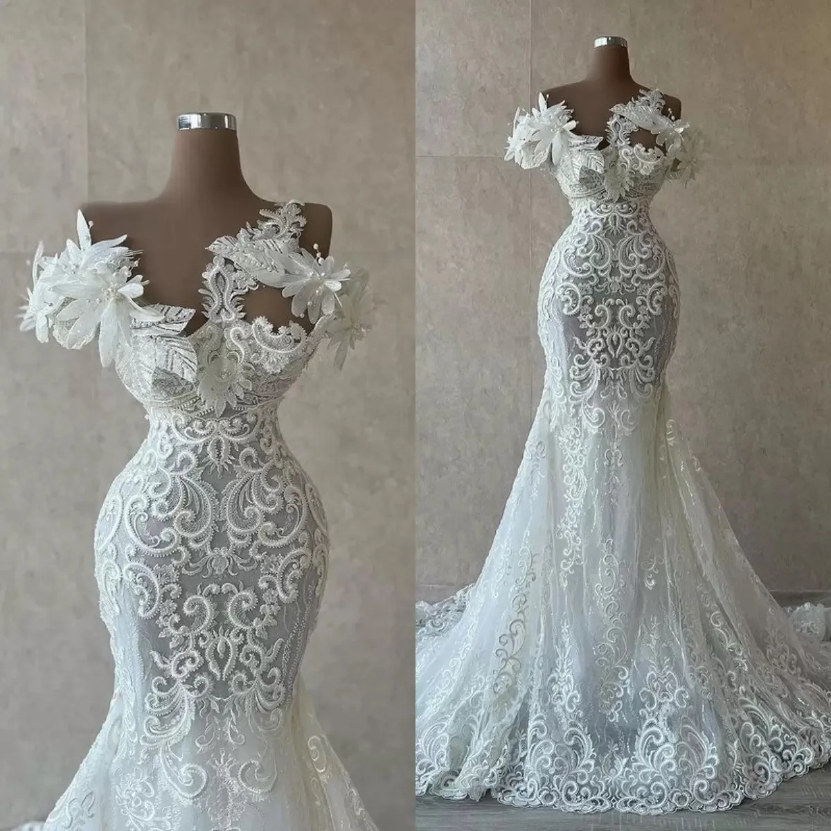 

Gorgeous Mermaid Beach Wedding Dresses Bridal Gowns 3D Flower Pearls Lace Appliqued Sheer Neck Custom Made Vestido De Novia