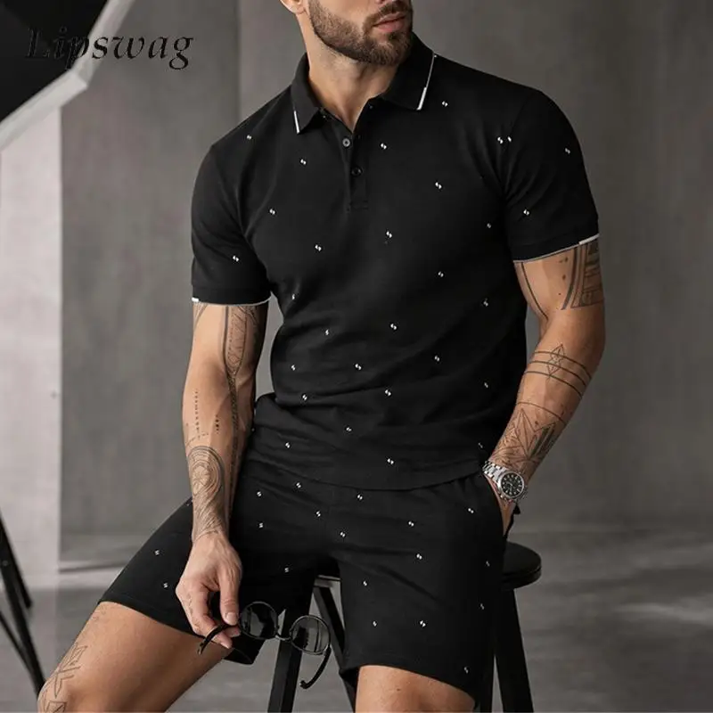 Fashion Solid Color Two Piece Suits Daily Leisure Slim Pattern Print Short Sleeve Tops And Short Suit Summer Casual Outfits Men