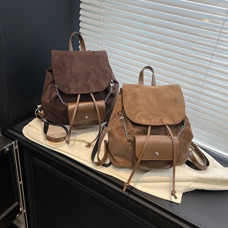 

Лидер продаж, однотонные женские рюкзаки из искусственной замши с цепочкой, модные повседневные молодежные милые утепленные школьные ранцы в винтажном стиле