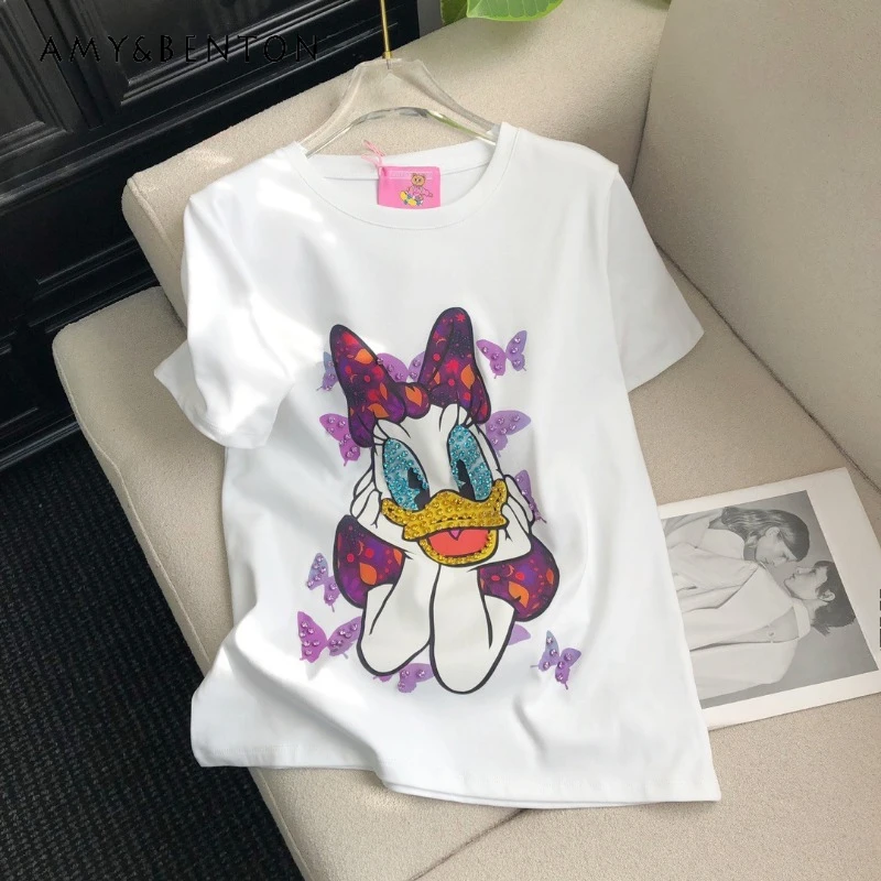 

2025 Summer New Trendy Brand Fashion Cartoon Printing Heavy Industry Diamond Drills Versatile Short-sleeved T-shirt Pullovers