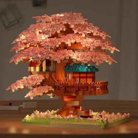 DIY Sakura Tree Building Blocks Set Diy Cherry Blossom Bricks with Light Treehouse Model Ornament Romantic Gift for Girl Friend