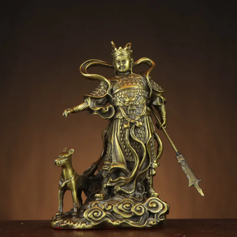 Brass statue of Erlang Shen, featuring the mythical dog Xiatian, use as a decorative piece or for religious offerings. Erlan
