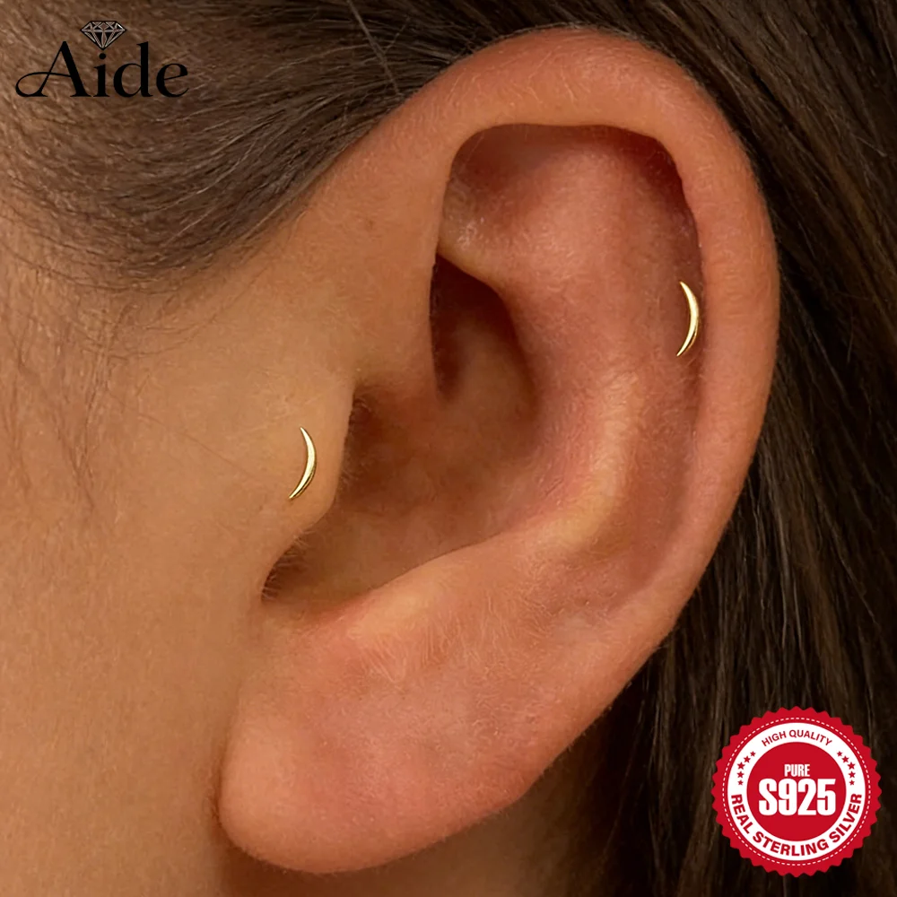 AIDE 925 Sterling Silber, gebogenes Design, glänzender Mond, Innengewinde-Piercing-Ohrring für Frauen, INS-Schmuck, Persönlichkeitsgeschenke