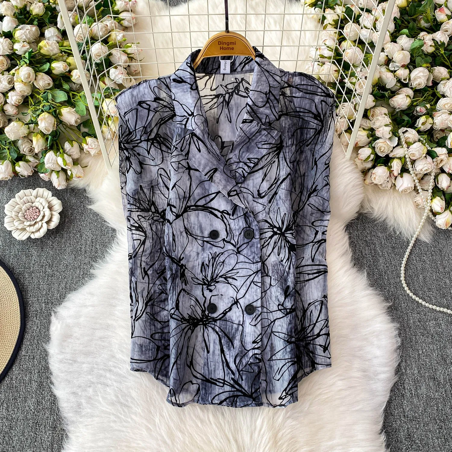 Blusa estampada para mujer, cuello de traje Svel holgado con almohadilla para el hombro, Top adelgazante con doble botón, Faion de viaje coreano