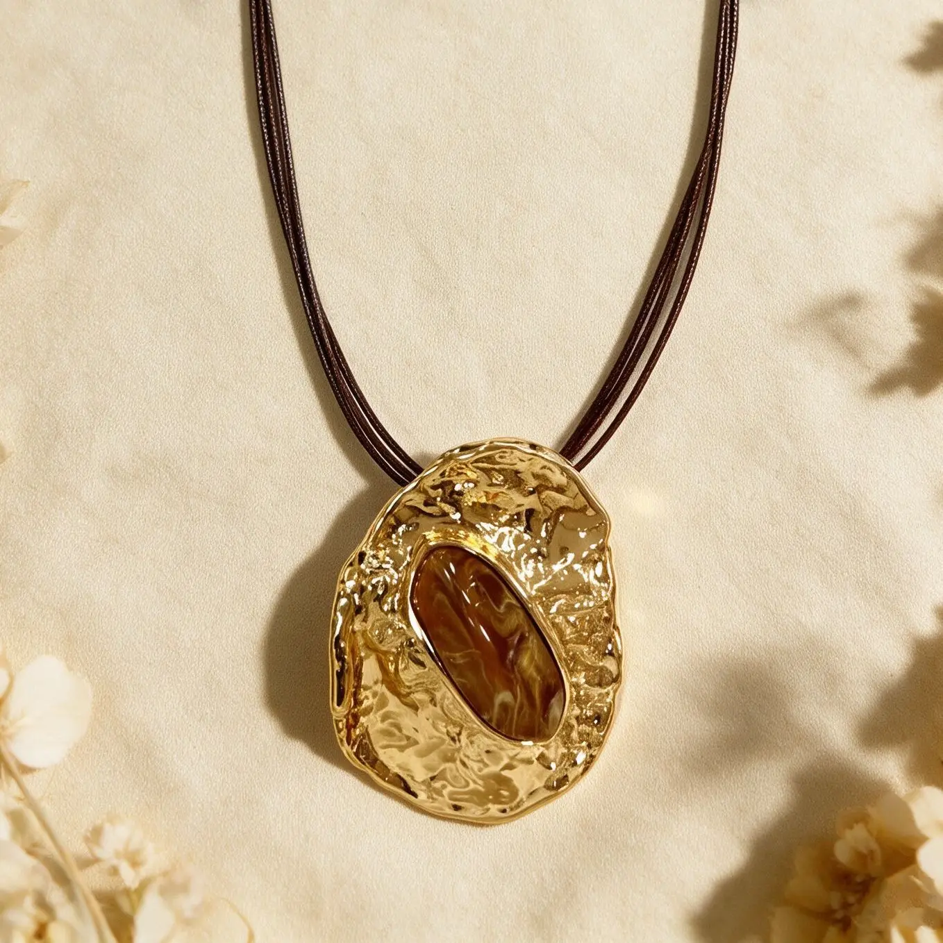 Hammered Irregular Medallion Pendant Corded Strand Long Neckpiece Boho Artistic Gemstone Focal Jewelry Daily Casual Accent Piece