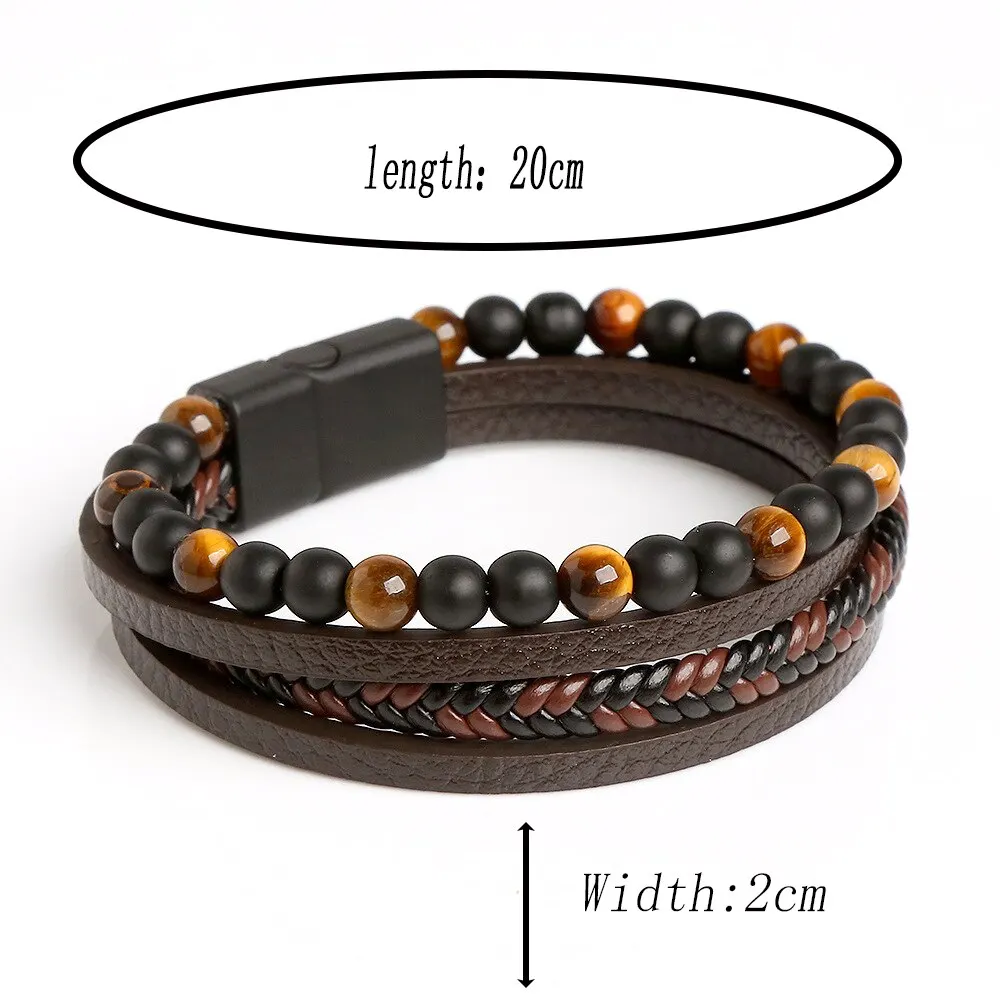 Men Leather Bracelet Classic Fashion Tiger Eye Beaded Multi Layer Leather Bracelet For Men Jewelry Gift - view 6
