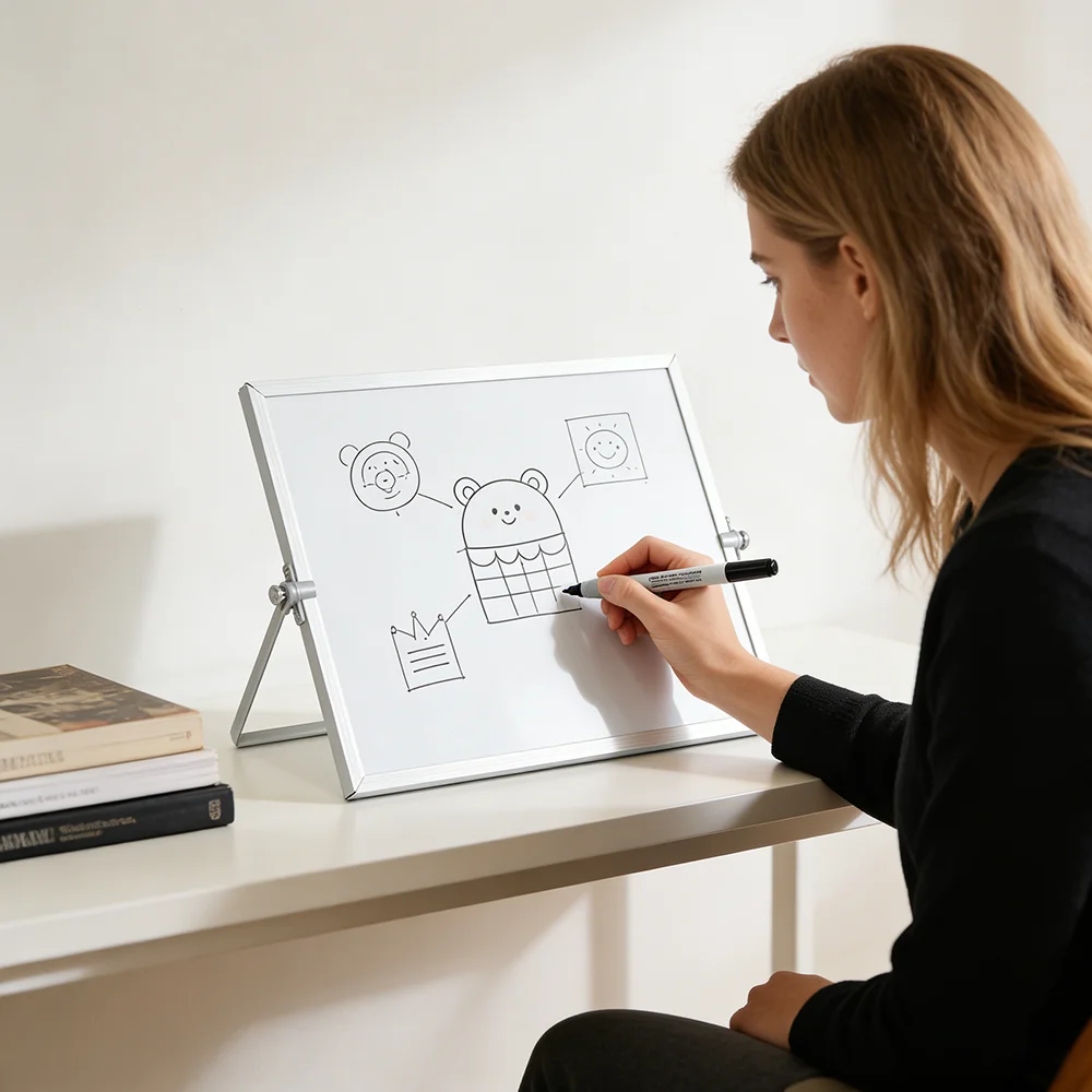 Minimalist Silver Metal Frame Foldable Stand Desktop Whiteboard, Rectangular Erasable Memo Board for Office, Home, School, Dorm,