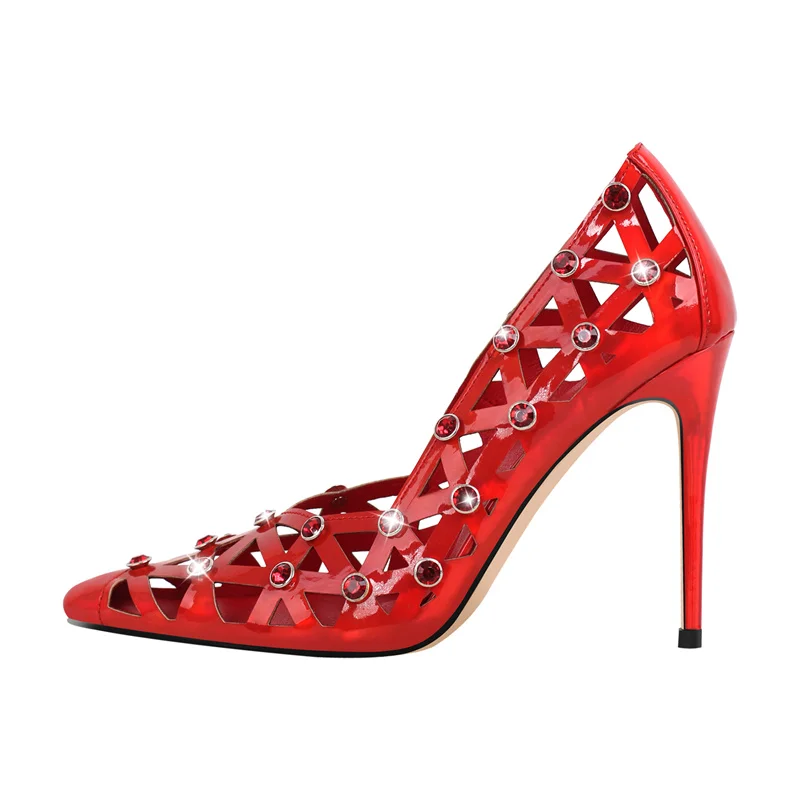 Onlymaker Women Red Hollow Pointed Toe  Rhinestone Thin High Heel Sexy Party Dress Wedding Female Stiletto Pumps