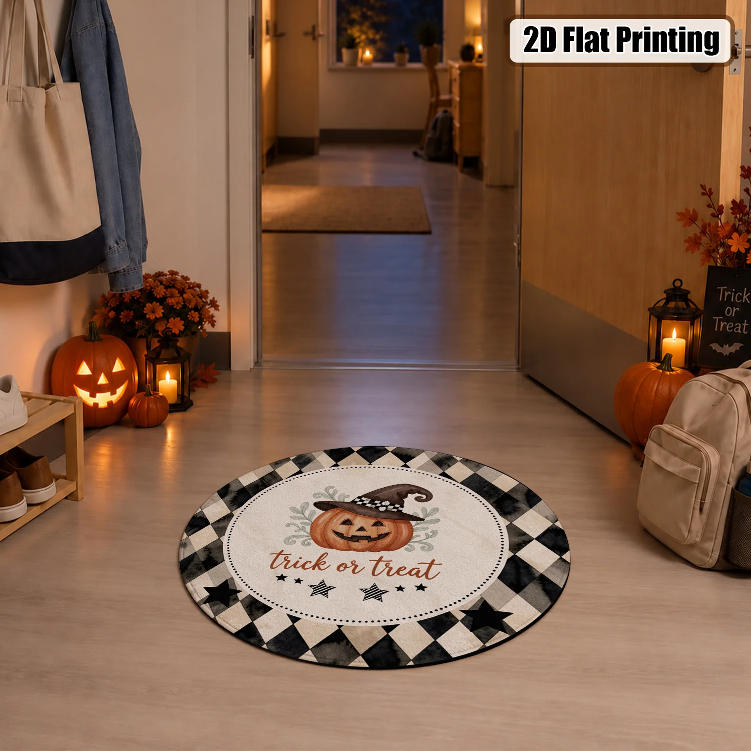 Halloween Witch Pumpkin Harlequin Print Round Velvet Area Rug, Machine Washable Soft Floor Rug for Living Room, Bedroom, Entryway, Dining Room, Ideal for Halloween, Thanksgiving, Christmas, New Year, Black Friday, Cyber Monday Home Decor