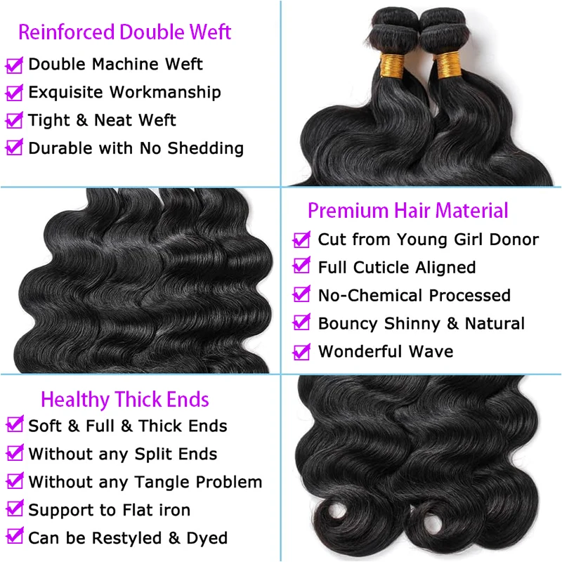 24 26 Inch Body Wave Human Hair Bundles Loose Wave Bundles 1/3/4 Pcs Unprocessed Human Hair Raw Hair Extensions Natural Black