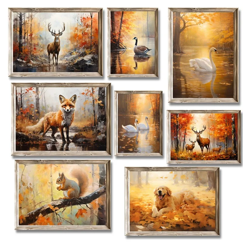 1pc frameless Canvas Painting 1pc frameless Canvas Painting  1pc framless Canvas Painting Wild Stags in A Autumn Swans on Lake F