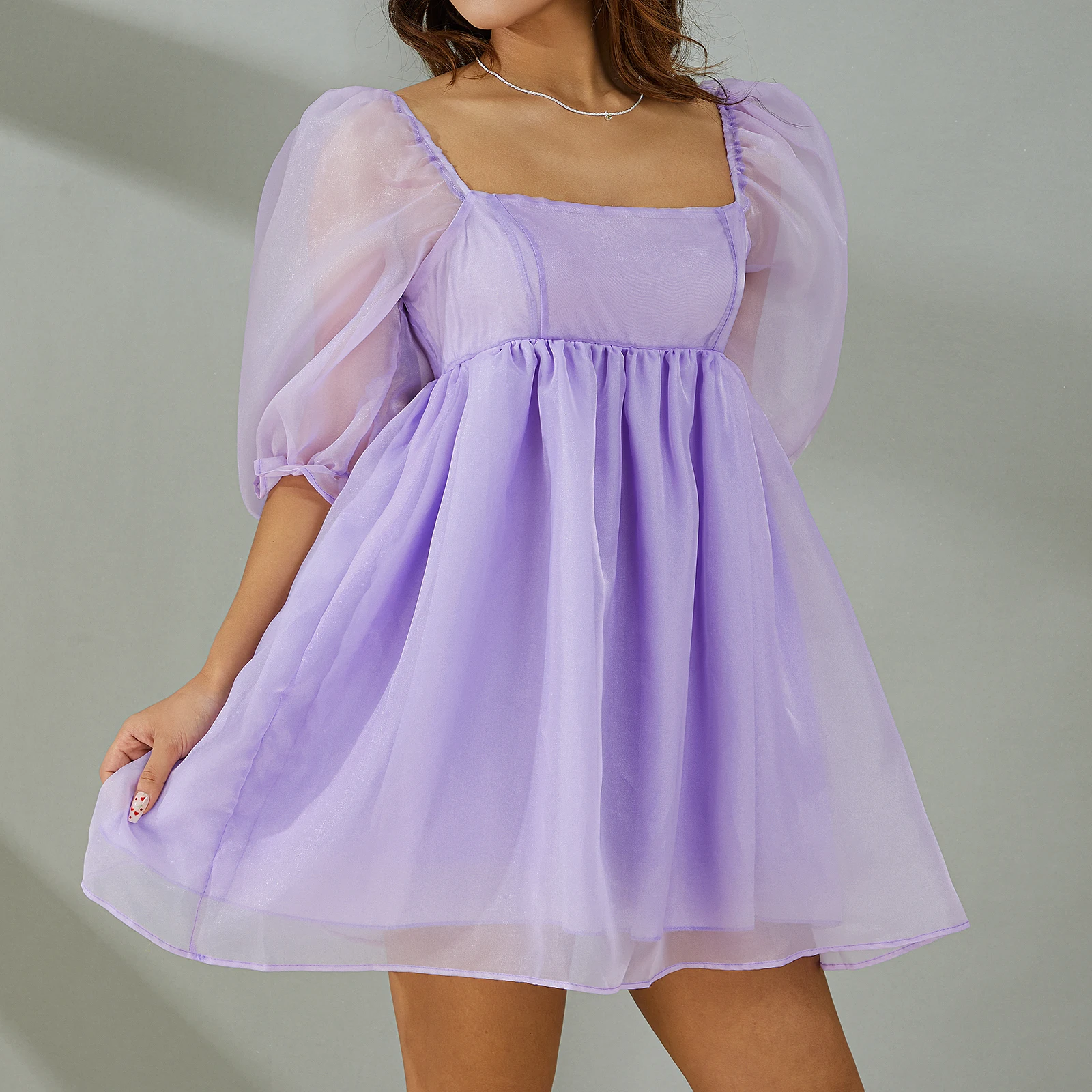 Womens Puff Sleeve Tulle Princess Dress Square Neck Ruffled Fluffy A Line Dress Flowy Bubble Sleeve Princess Dress