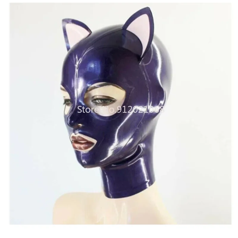 

Latex Hood Handmade Cosplay Rubber Mask Cute with Cat Ear Back Zip Club Wear Halloween Costumes for Women