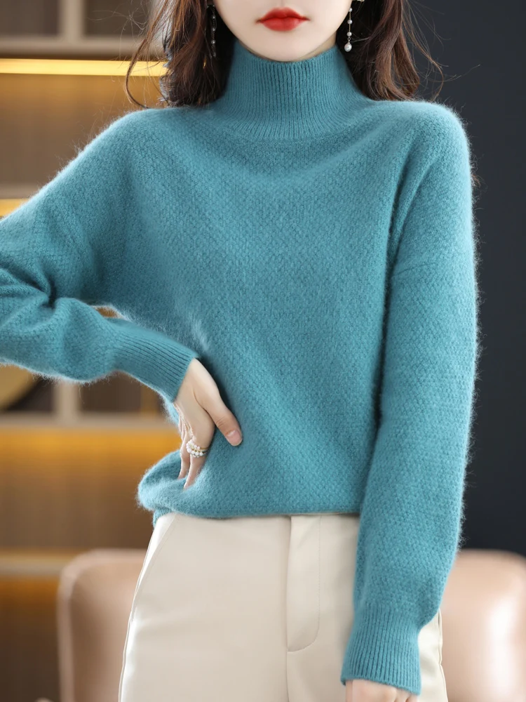 Winter New 100% Mink Cashmere Sweater Women\' High Neck Thicken Large Size Tops Jacquard Knitted Pullover Loose Warm Base Shirt