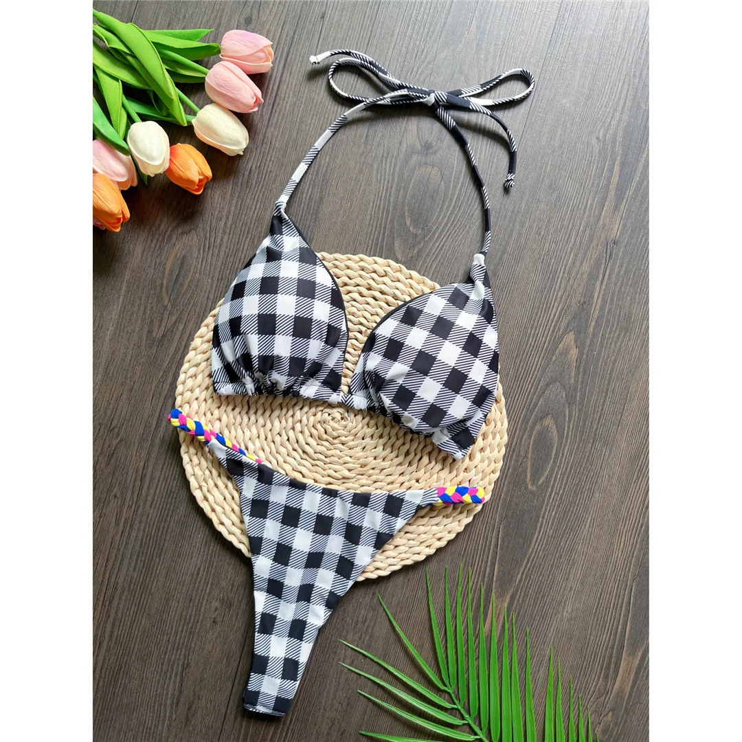 Kariertes Halterneck-Mini-Micro-Tanga-Bikini-Set für Damen, zweiteiliger Badeanzug, Badebekleidung, Badeanzug, Schwimmbikini V6171 – Detail 6