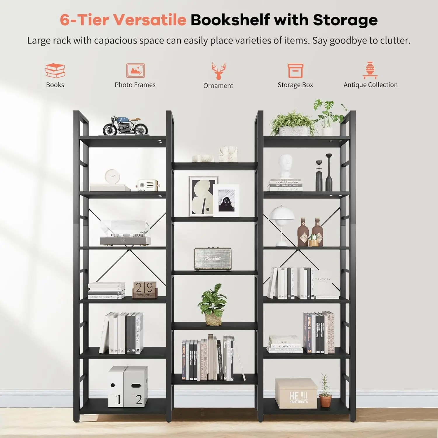 Triple Wide 5 Tiers Bookshelf Corner Bookshelves Industrial Vintage Wood Style Large Open Bookcase for Home&Office