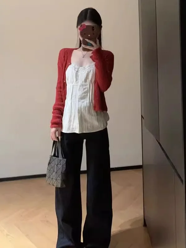 

Unique Knitted Cardigan And Strap Top Two-Piece Set Beautiful Ootd Spring 2026 Fashionable Women's Comfortable Midweight Cott...