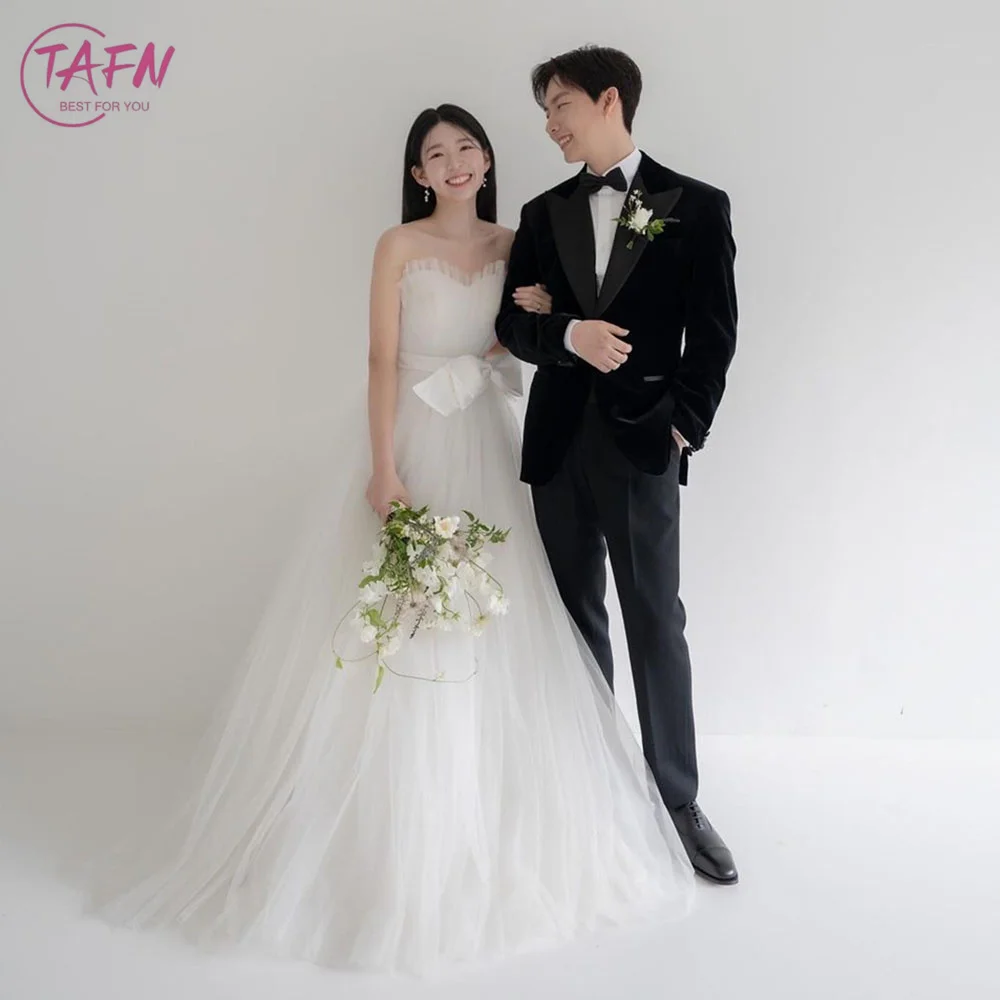 

TAFN Strapless Bow Wedding Dresses Korea A-line Sweetheart Bridal Gown Elegant Sweep Train Wedding Photo Shoot Dress