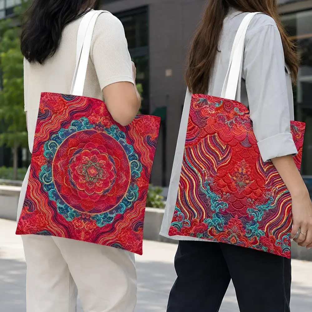 Chinese Brocade Cloud Wave Storage Bags Lightweight Foldable Canvas Tote For Shopping Commuting And Travel
