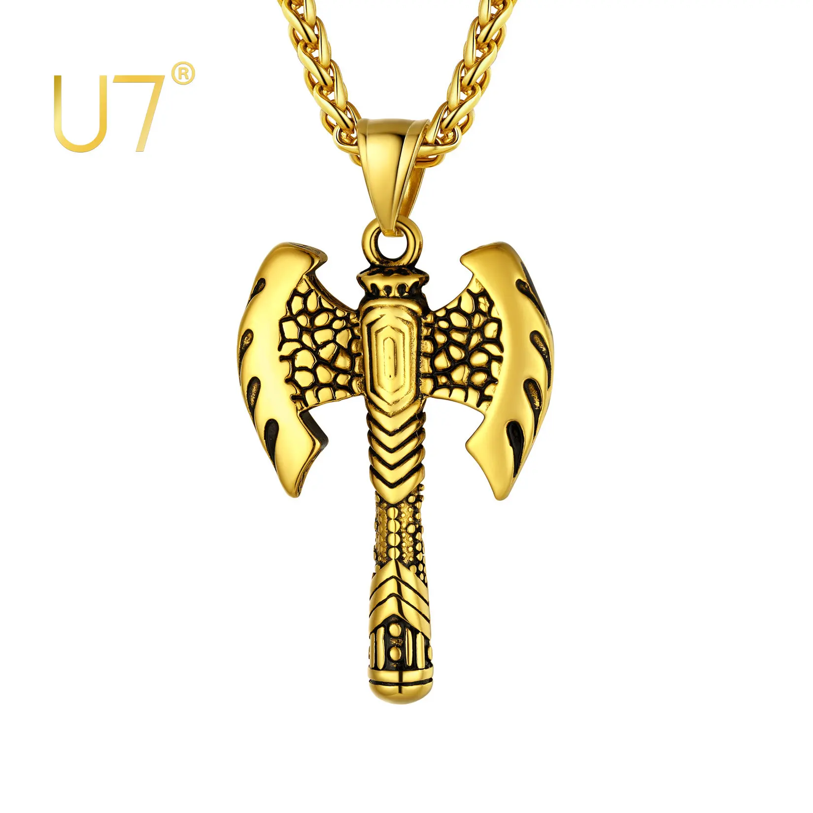 U7 Nordic Necklace for Men Women Stainless Steel Gold Color Vintage Norse Viking Double Bit Axe Pendant Necklaces 22