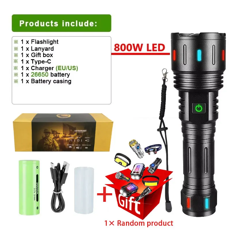 200000 Linterna LED más potente LM, linterna recargable de alta potencia, linterna táctica militar de largo alcance, antorcha para campamento al aire libre