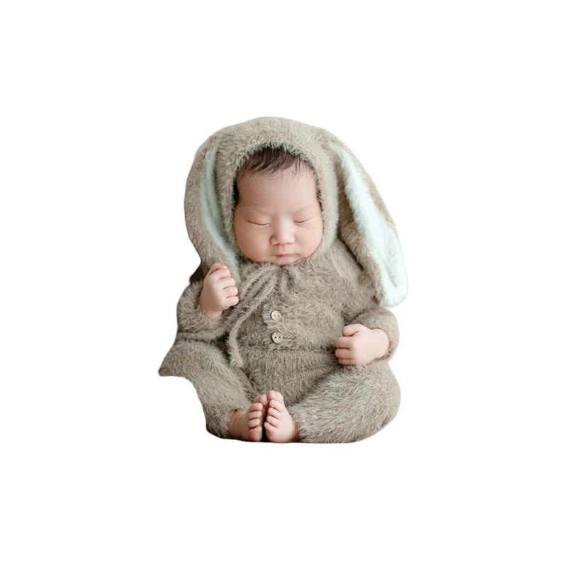 2025 Newborn Bunny Romper for Baby Photography Props, Handmade Faux Fur Yarn Rabbit Photo Clothes