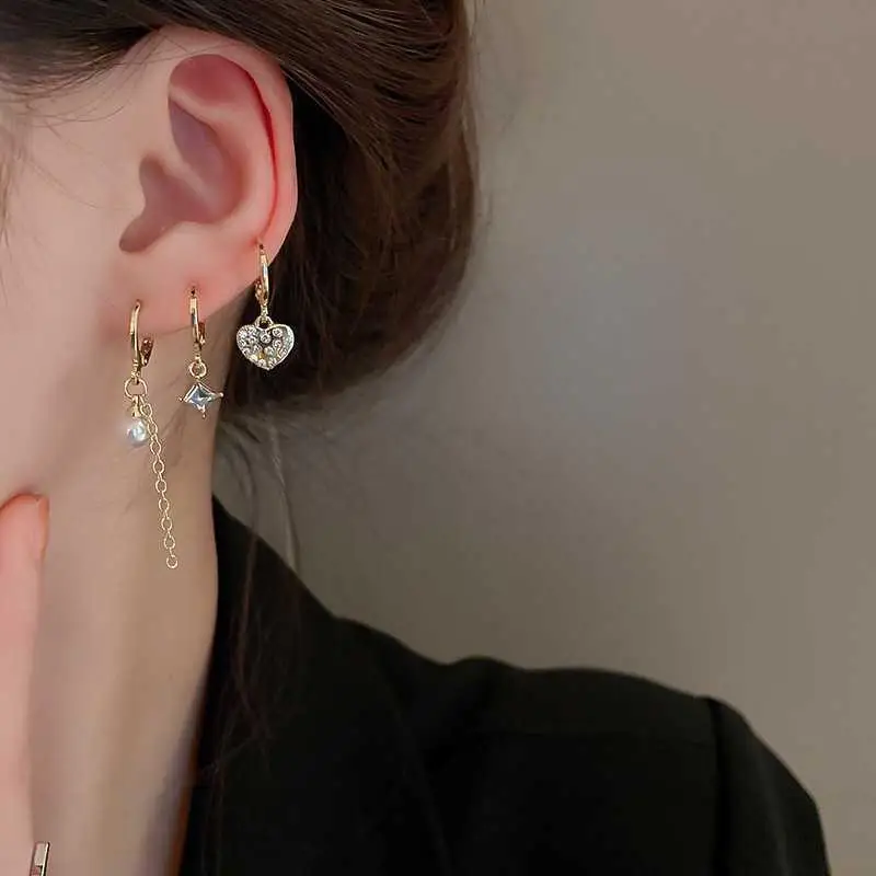 Real gold electroplating six-piece set, light luxury zircon imitation pearl star moon love ear buckle temperament high-grade