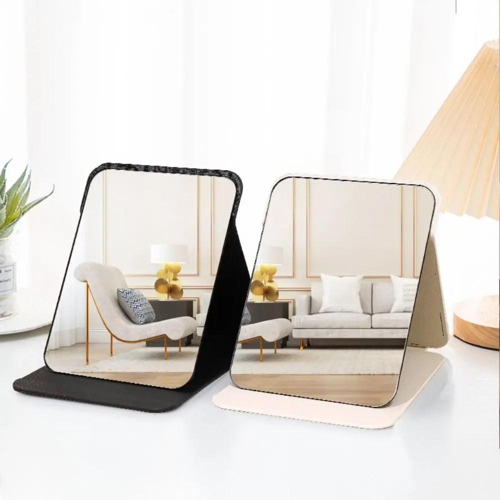 Miroir de maquillage pliant en cuir PU, miroir de table portable réglable, miroir cosmétique debout, forme carrée, dortoir