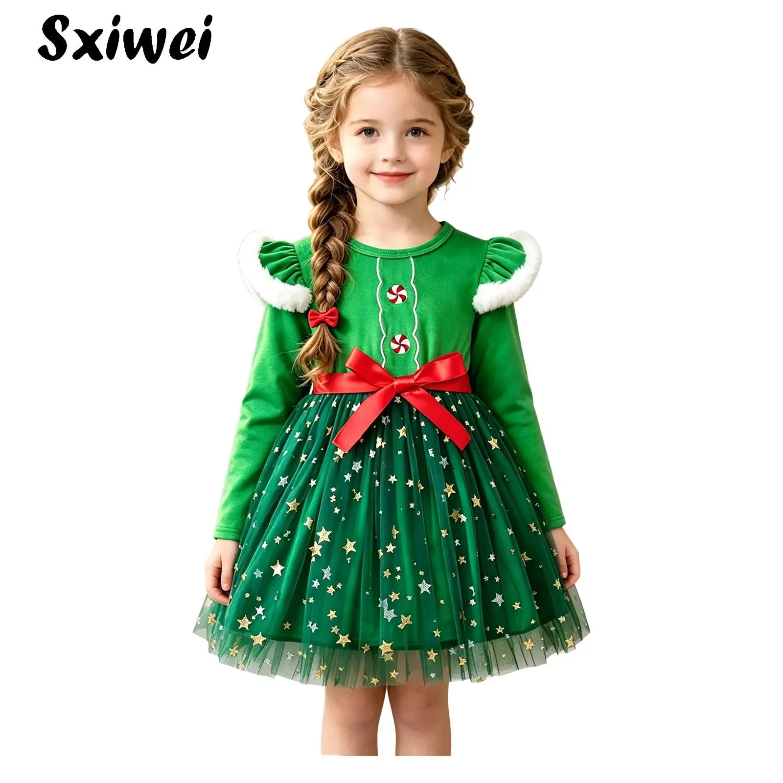 Christmas Eif Tutu Dress Girls Santa Ballet Dance Costume Ruffle Long Sleeves Velvet Bodice Sequin Star Tulle Dress And Hairband