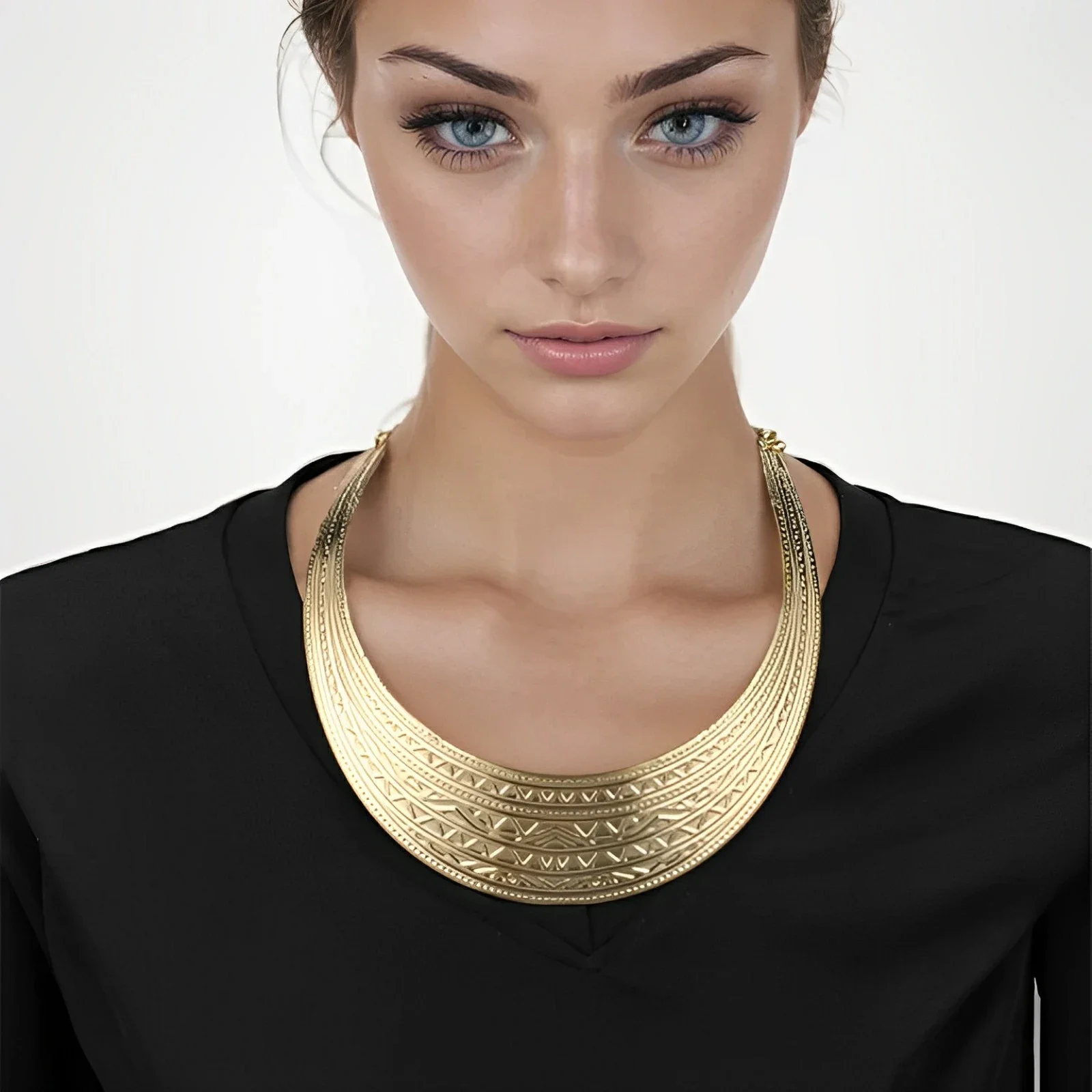 Gold Color Metal Choker Collar for Women Egyptian Ethnic Tribe Cuff Chunky Statement Plated Big Thick Cleopatra Necklace Jewelry