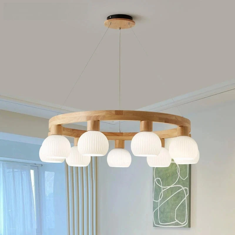 

Round Chandelier With 3 6 9 Glass Lampshades For Foyer Modern Wooden Bedroom Lustres Solid Wood Dining Lighting Fixtures