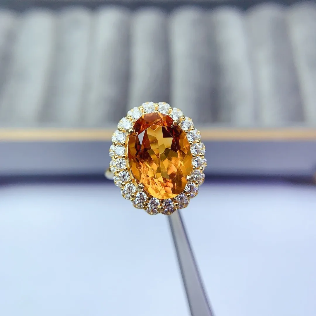 

Large Particles S925 Pure Silver Ring Inlaid Natural Crystal Deep Intense Yellow Premium Pure Texture Delicate Craft Luxury