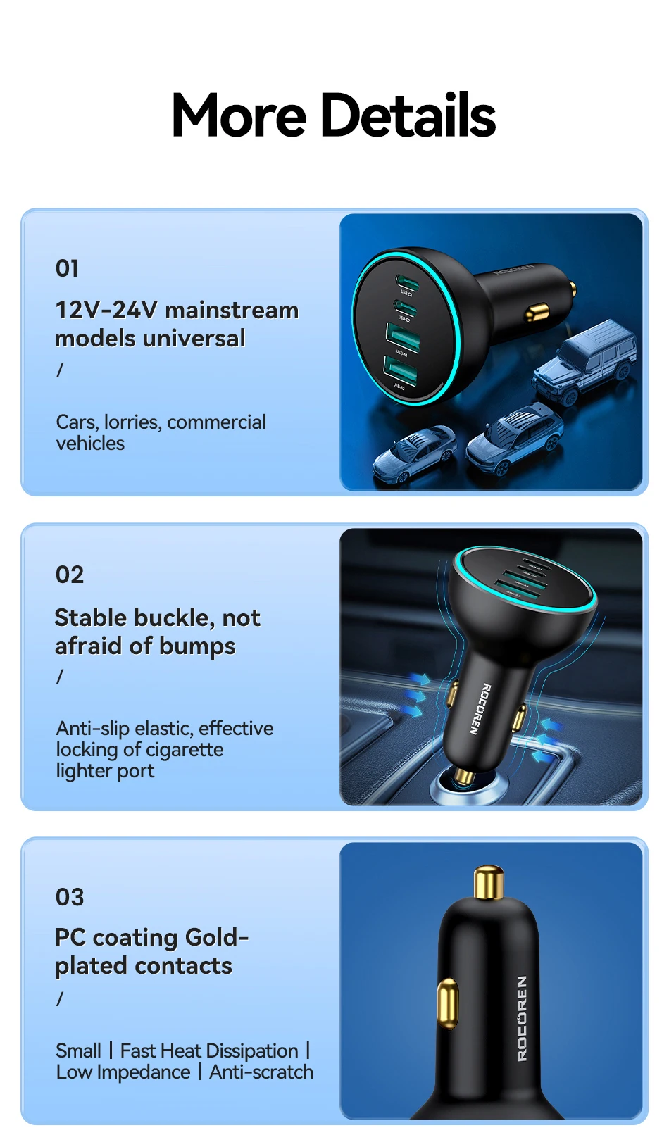 Rocoren 4-in-1 USB-C-Autoladegerät, 70 W, schnelles Aufladen, USB-Typ-C-Autoladegerät, PD QC4.0, Autoladegerät-Adapter für iPhone, Xiaomi, Samsung – Detail 12