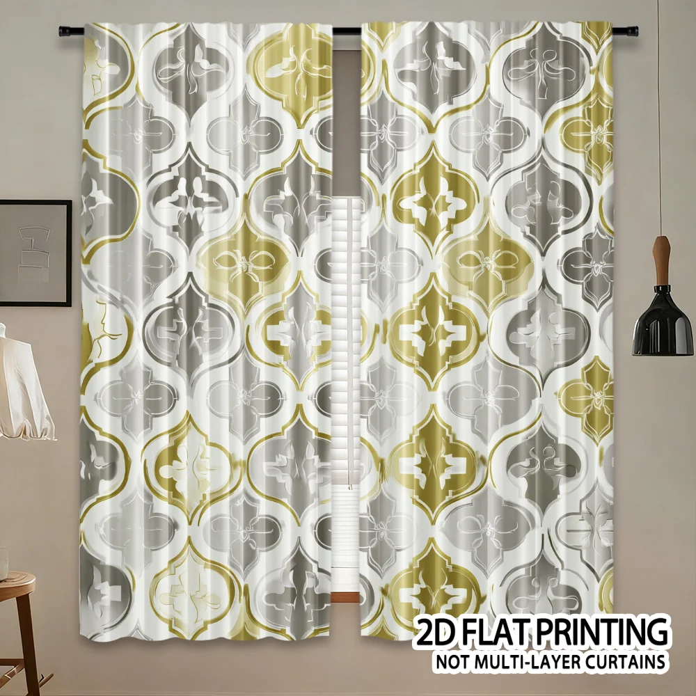 Golden Gray Quatrefoil Curtains 2 Panels, Luxury Retro Lattice Floral Outline Bright White Background for Noble Bedroom Curtain