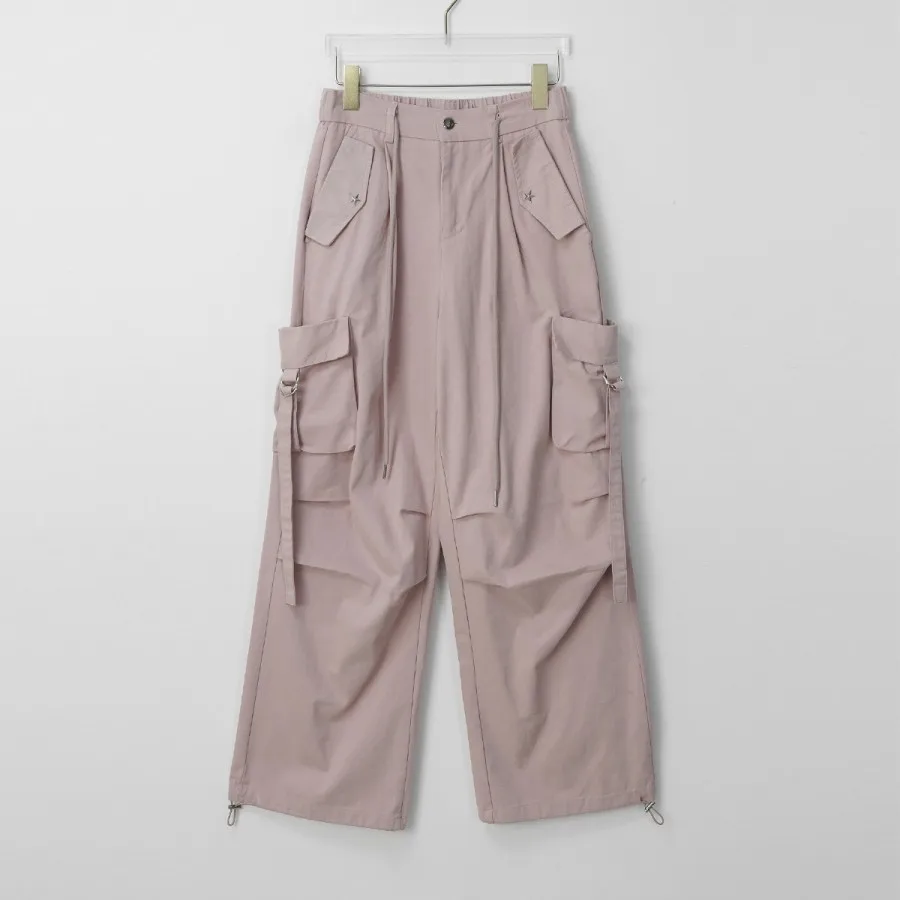 

Summer Street Cargo Pants with Large Pocket Design Wide Leg Casual Pant Spicy Girl High Waisted Drawstring Trousers