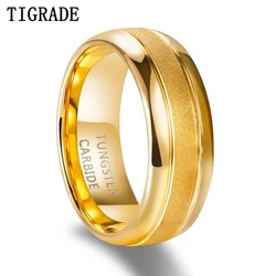 Tigrade 8mm Tungsten Carbide Rings For Men 24K Gold Plated Polished Edge Sandblasted Domed Wedding Ring Engagement Band Jewelry