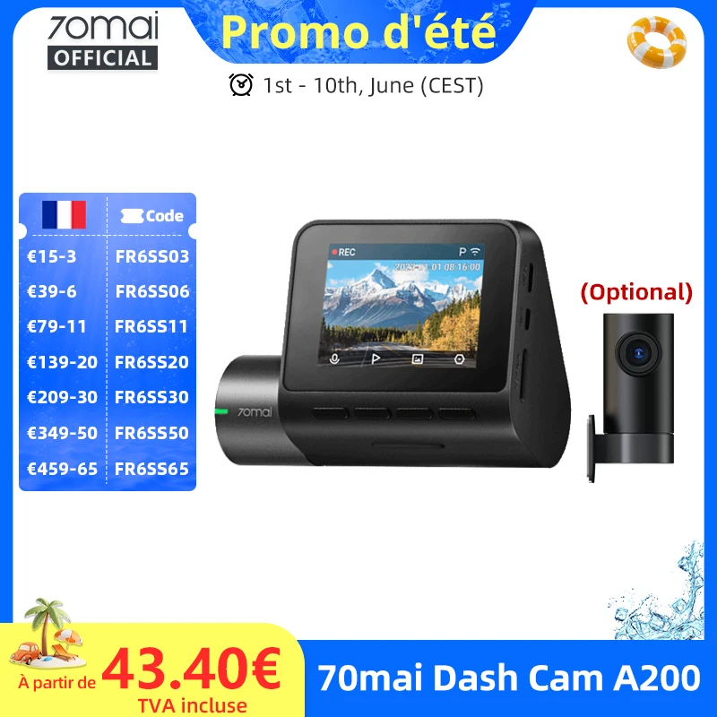 Caméra embarquée 70mai A200 double canal, enregistrement 1080P HDR, écran IPS 2'', surveillance de stationnement 24H, DVR voiture 70mai A200 WIFI APP 130° °   FOV