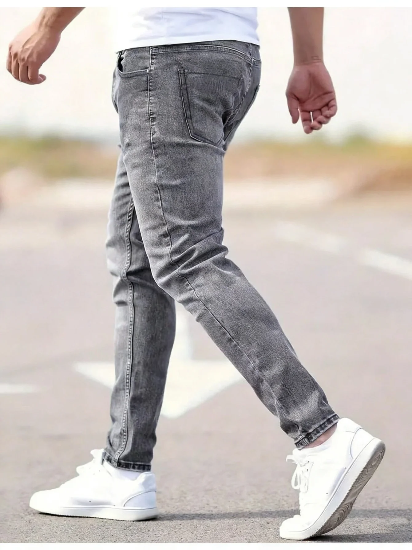 Men's Gray Slim Fit Y2K Original Jeans Pants Drip Fashion Casual Denim Trousers No accessories or belts included