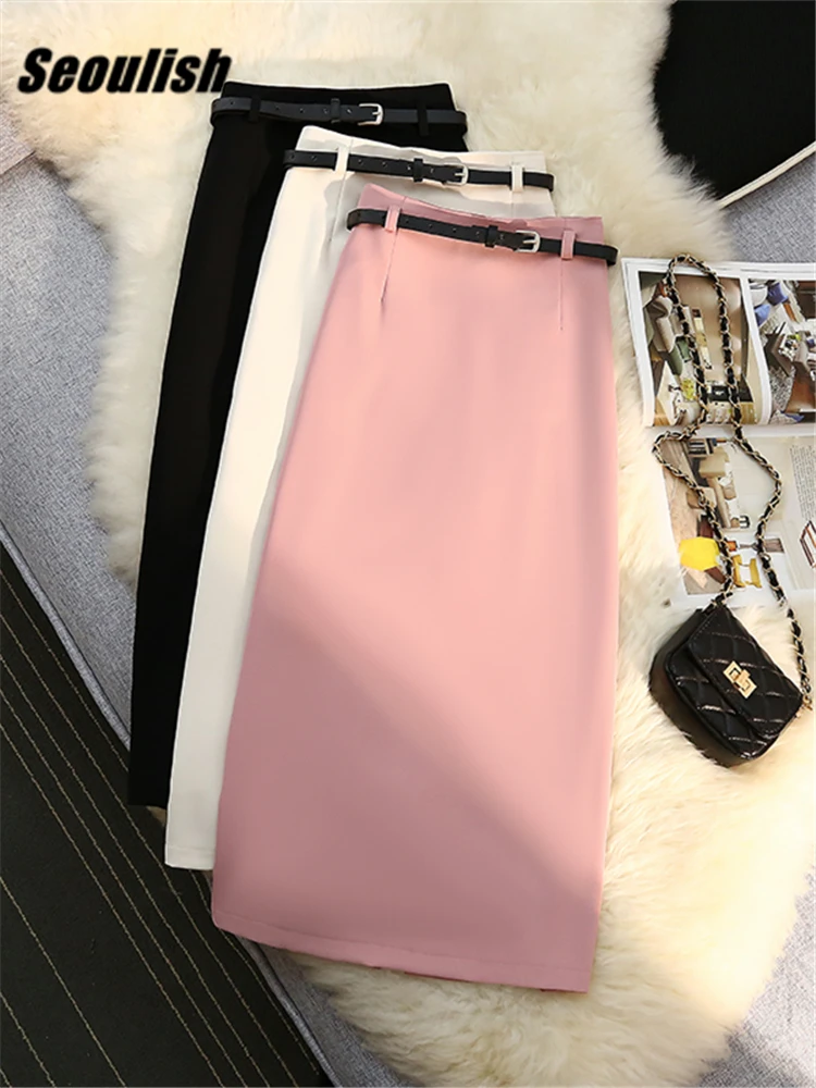 

Seoulish 2022 New High Waist Elegant Women Midi Skirts with Belted Female Minimalism Back Split Office Chic Wrap Skirts Spring