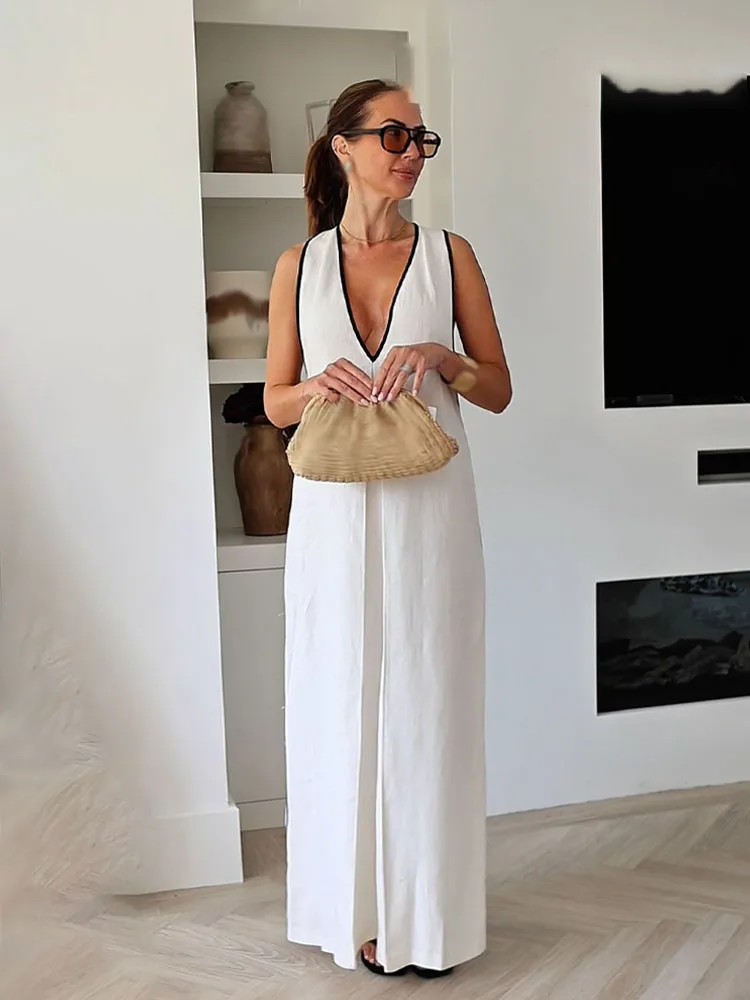 Hh férias femininas novo sólido com decote em v linho mistura midi vestido de verão feminino bainha dividida moda sexy sem mangas vestido longo