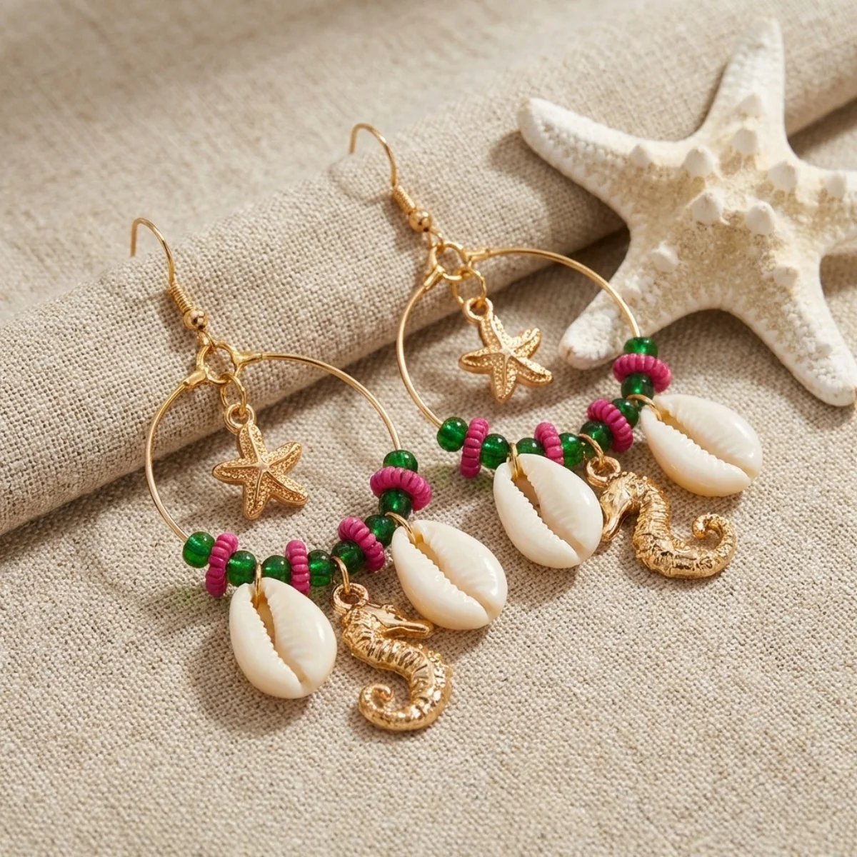 Kristall-Kreis Muschel Seestern Quasten-Ohrringe für Damen und Herren Boho Ozean Seepferdchen Ohrringe Trendiger Sommer-Strandschmuck – Detail 24