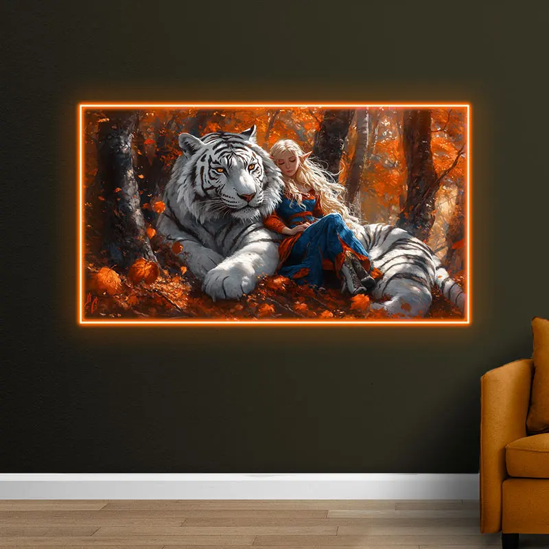 Enchanting White Tiger & Elf Neon LED Light, Fantasy Forest Scene, Magical Wall Art for Home Decor, Perfect for Bedroom Decor