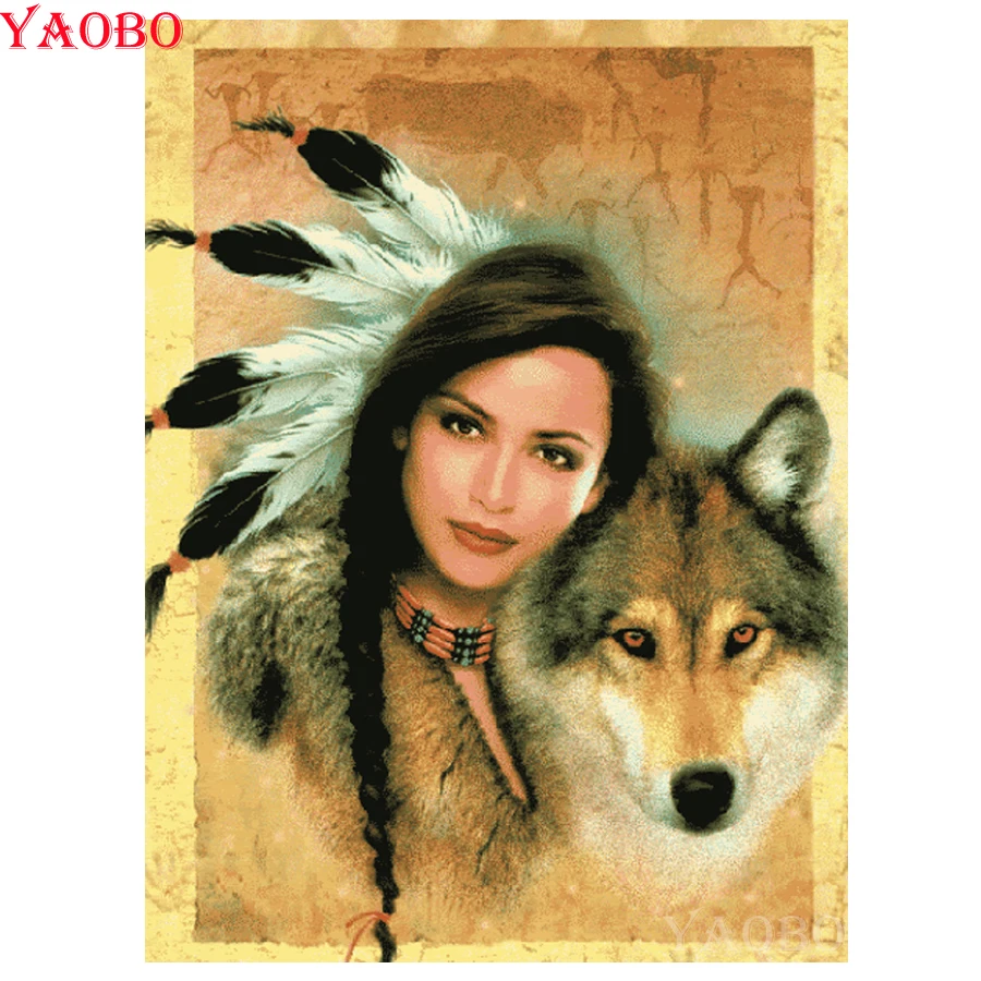 Full square round DIY Diamond Painting Indian beauty and wolf 3D Rhinestone Embroidery Diamond Painting Cross Stitch mosaic kit