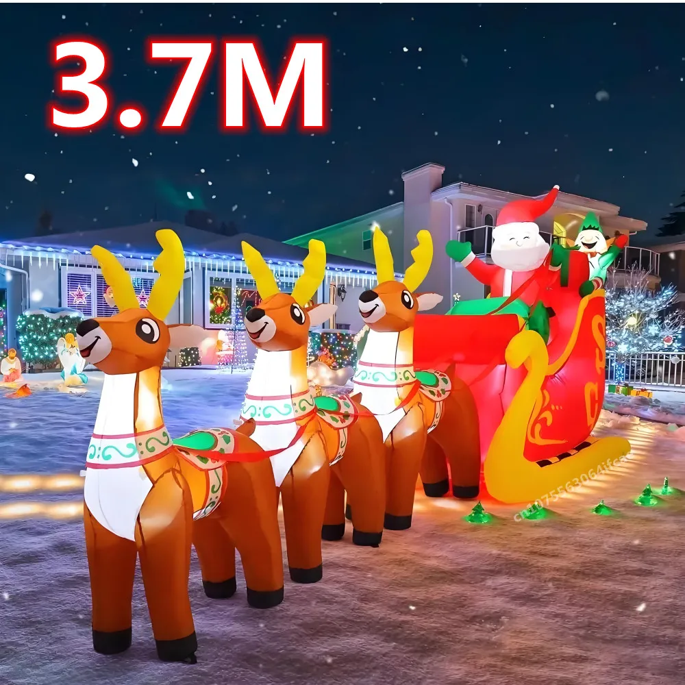 3.7 متر عيد الميلاد نفخ سانلو زلاجات سحب سانتا كلوز المدمج في أضواء LED حلية عيد الميلاد حفلة السنة الجديدة حديقة ديكور الدعائم