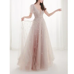 Customize A-Line V-Neck Woman Formal Wedding Guest Evening Prom Dresses Floor Length Sequined Tulle Floral 2023